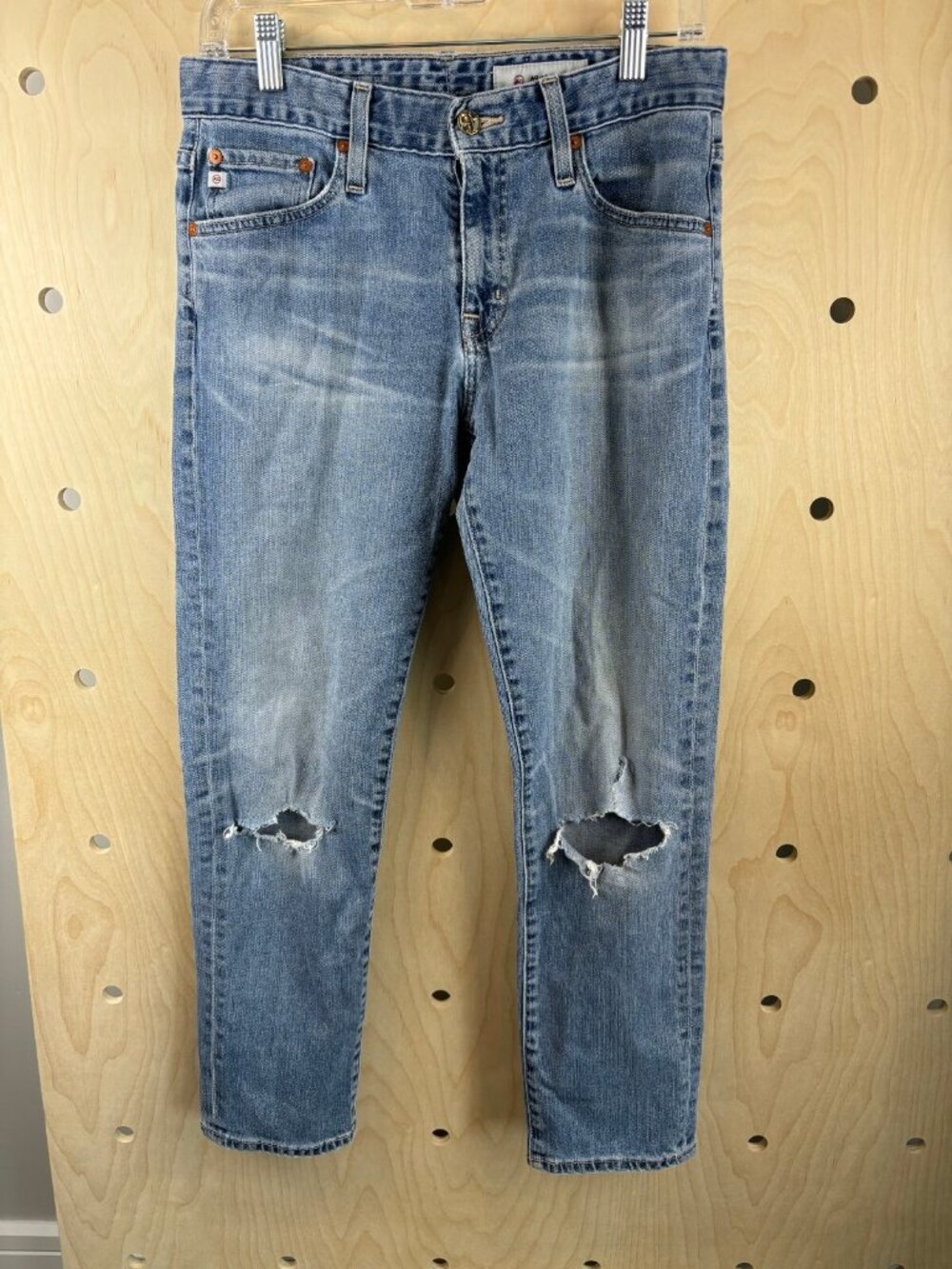 AG Adriano Goldschmied Womens Blue Distressed Denim Straight Jeans Size 27 R - Picture 2 of 9